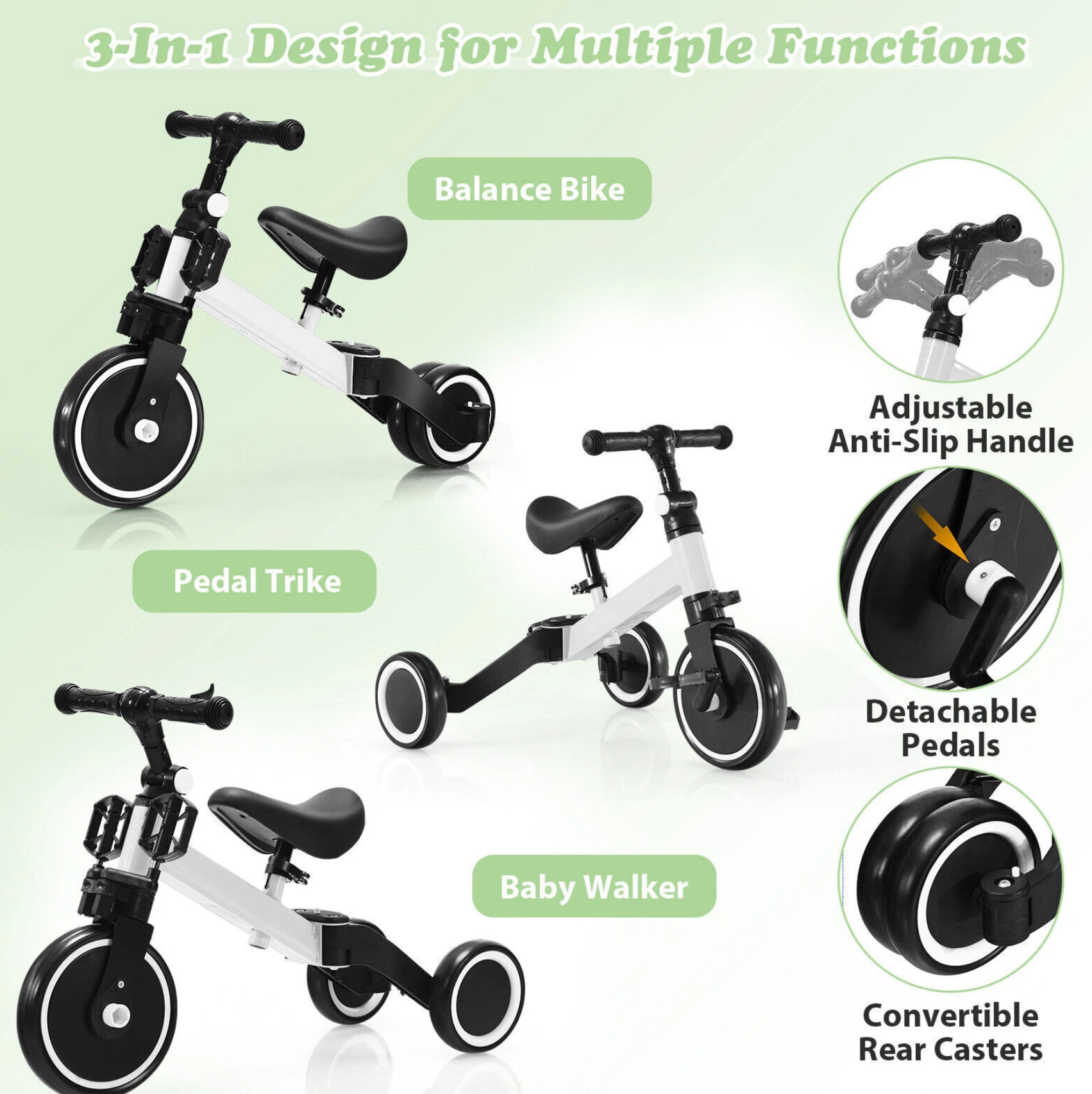 Bicicleta 2 in 1, Zola®, cu 3 roti, cadru din aluminiu, manere din cauciu, alba Bicicleta 2 in 1, Zola®, cu 3 roti, cadru din aluminiu, manere din cauciu, alba